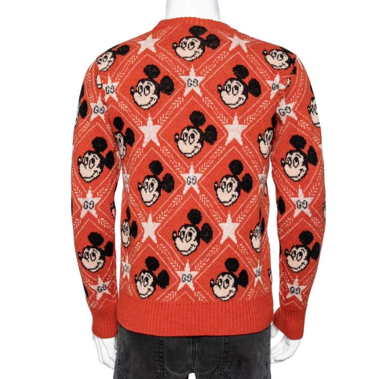 Pre Owned Gucci x Disney Orange All Over Mickey Mouse Crew Neck Knit Sweater XS