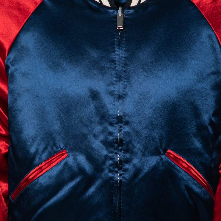 Pre Owned Gucci Blue & Red Satin & Knit Logo Trimmed Reversible Bomber Jacket M