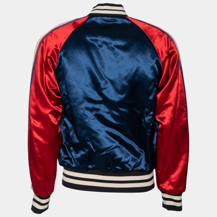 Pre Owned Gucci Blue & Red Satin & Knit Logo Trimmed Reversible Bomber Jacket M