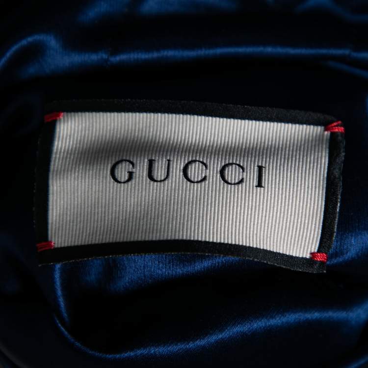 Pre Owned Gucci Blue & Red Satin & Knit Logo Trimmed Reversible Bomber Jacket M