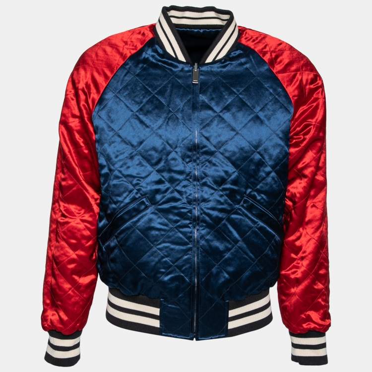 Blue & Red Satin & Knit Logo Trimmed Reversible Bomber Jacket M Gucci TLC