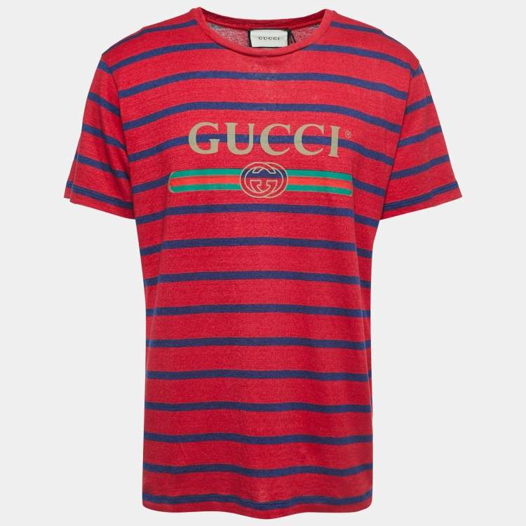 Gucci Red/Blue Striped Logo Print Linen Blend Half Sleeve T-Shirt S ...