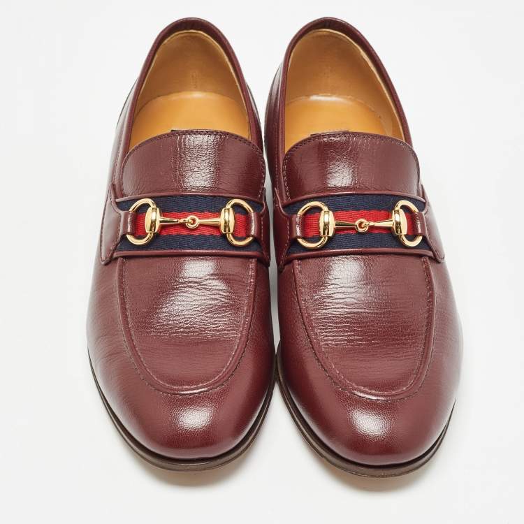 Pre Owned Gucci Burgundy Leather Web Slip On Loafers Size 41