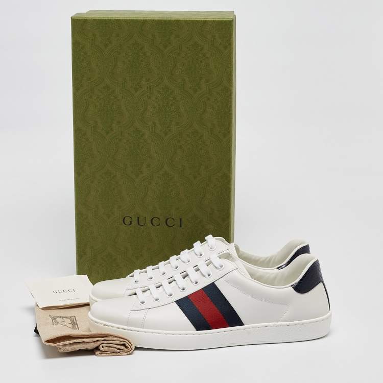 Pre Owned Gucci White Leather Ace Web Low Top Sneakers Size 42.5