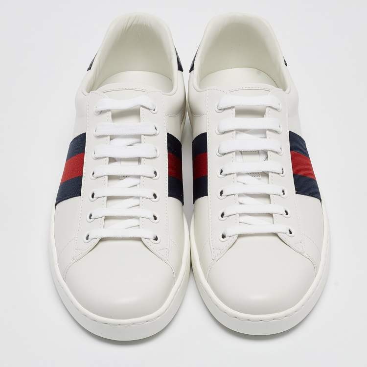 Pre Owned Gucci White Leather Ace Web Low Top Sneakers Size 42.5