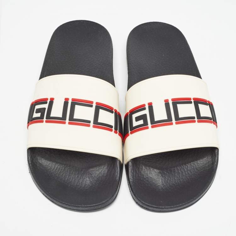 Pre Owned Gucci Cream Rubber Gucci Logo Slide Sandals Size 41