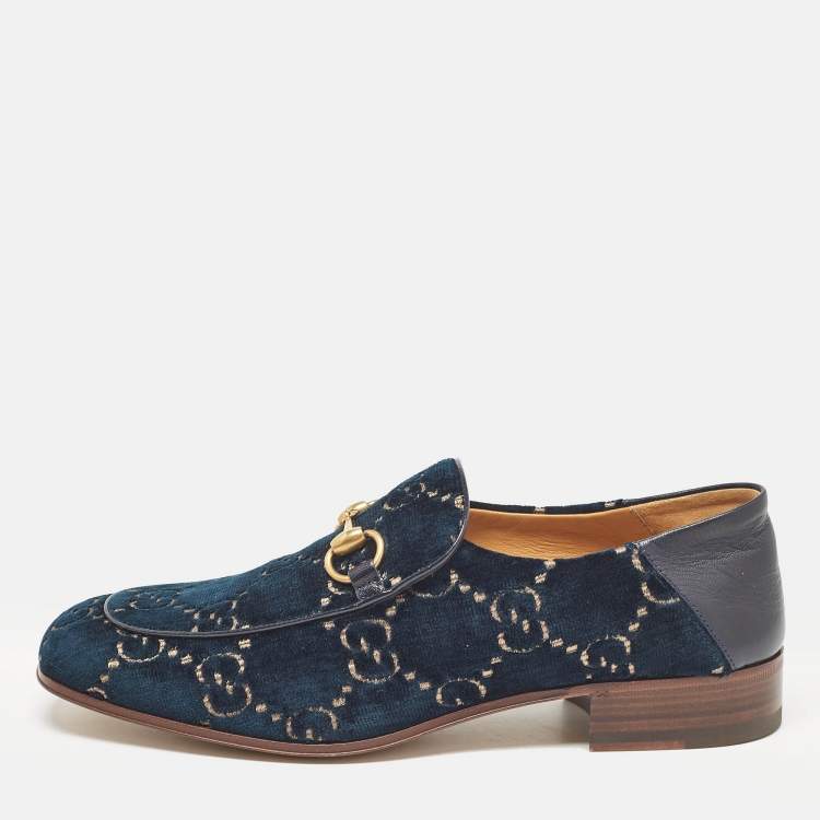 Pre Owned Gucci Green GG Velvet and Leather Horsebit Slip On Loafers 42.5