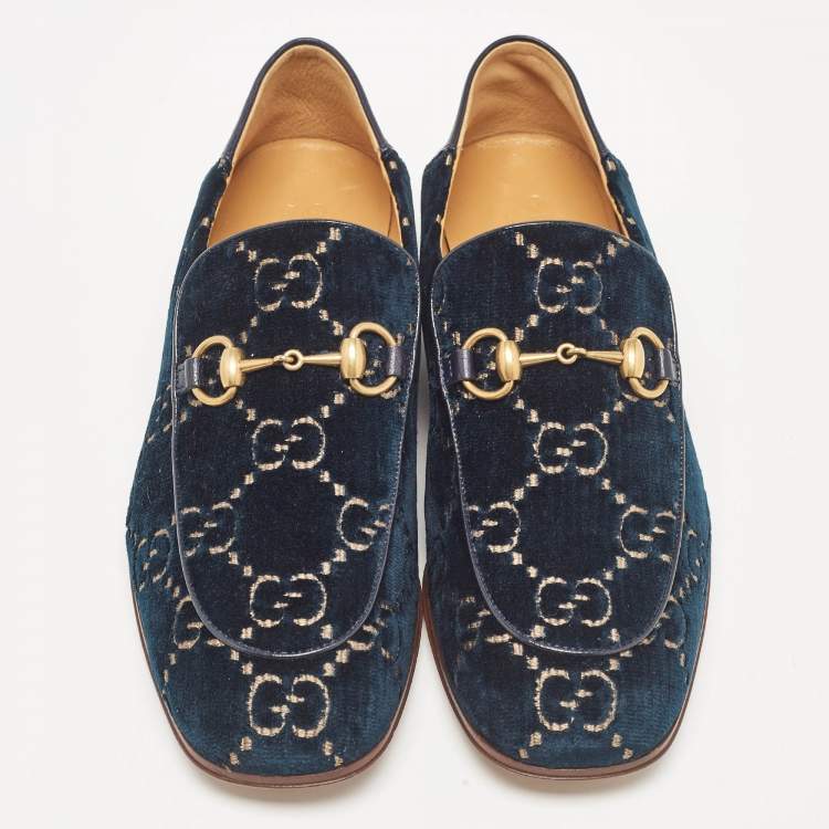 Pre Owned Gucci Green GG Velvet and Leather Horsebit Slip On Loafers 42.5