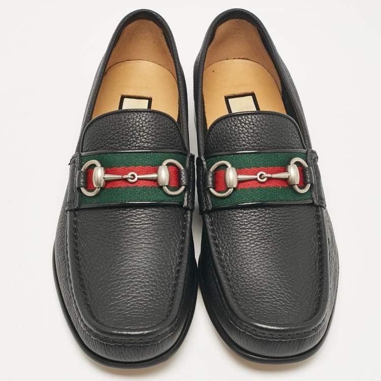 Pre Owned Gucci Black Leather Web Horsebit Loafers Size 40
