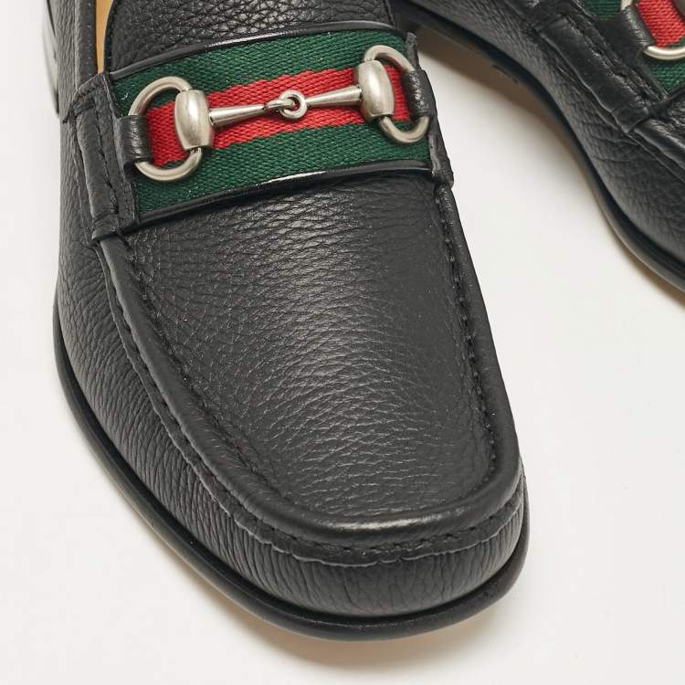 Pre Owned Gucci Black Leather Web Horsebit Loafers Size 40