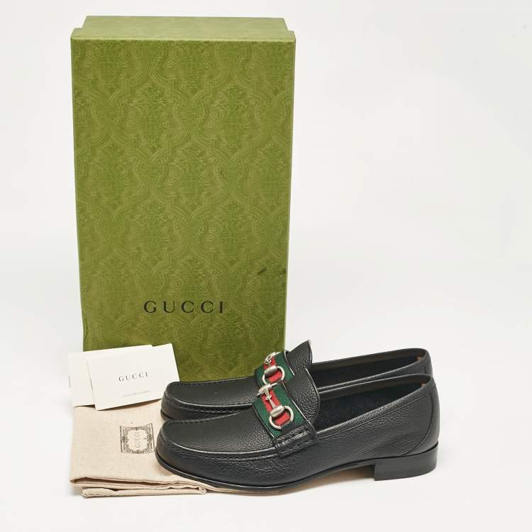 Pre Owned Gucci Black Leather Web Horsebit Loafers Size 40