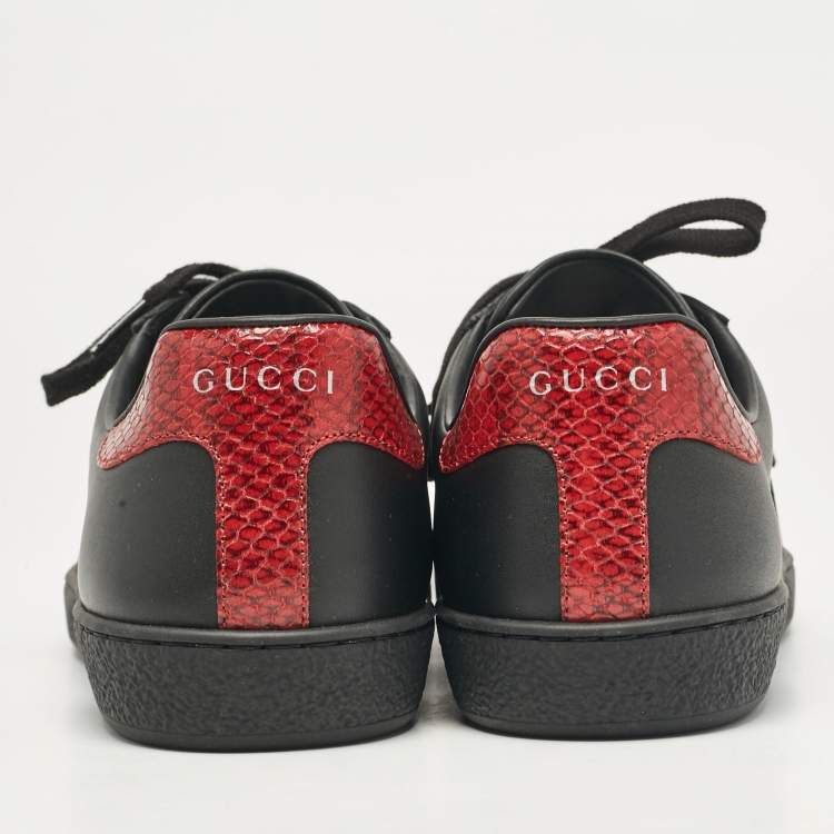 Pre Owned Gucci Black Leather and Python Embossed Leather Ace Lace Up Sneakers Size 41.5