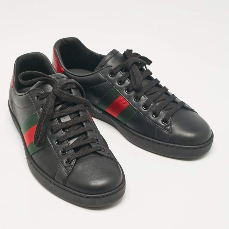 Pre Owned Gucci Black Leather and Python Embossed Leather Ace Lace Up Sneakers Size 41.5