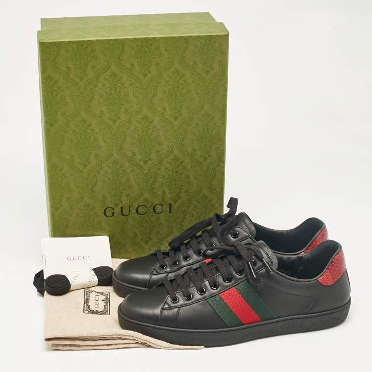 Pre Owned Gucci Black Leather and Python Embossed Leather Ace Lace Up Sneakers Size 41.5