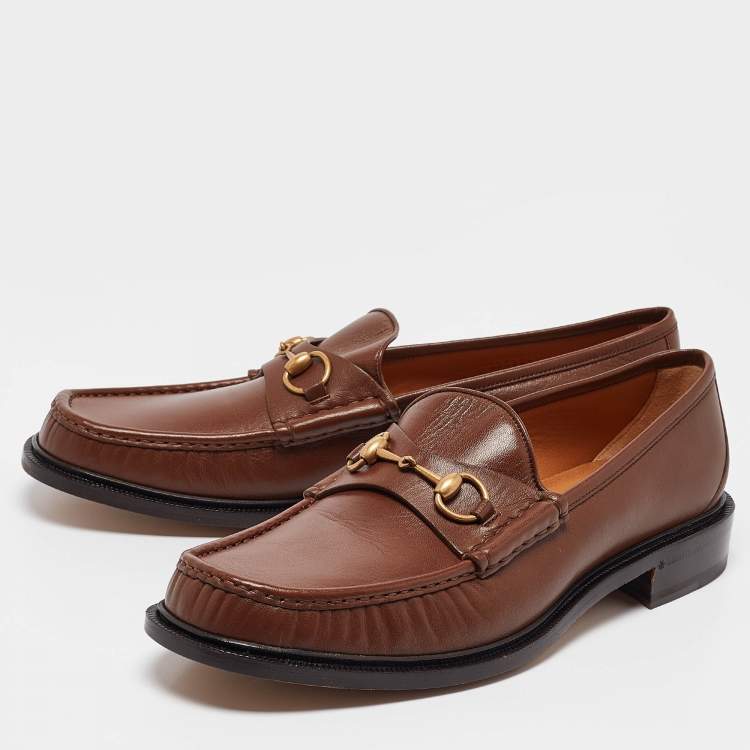 Pre Owned Gucci Brown Leather Horsebit Loafers Size 48