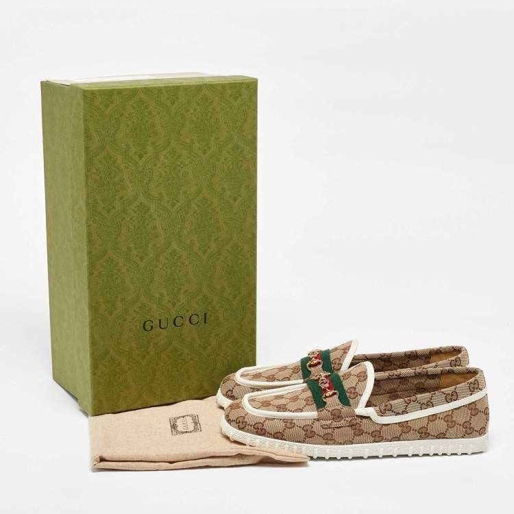 Pre Owned Gucci Beige GG Canvas Horsebit Web Driver Loafers Size 43