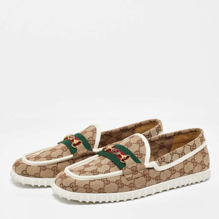 Pre Owned Gucci Beige GG Canvas Horsebit Web Driver Loafers Size 43