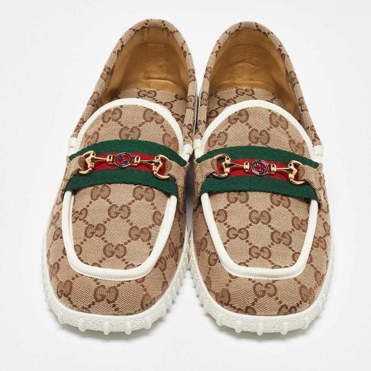 Pre Owned Gucci Beige GG Canvas Horsebit Web Driver Loafers Size 43