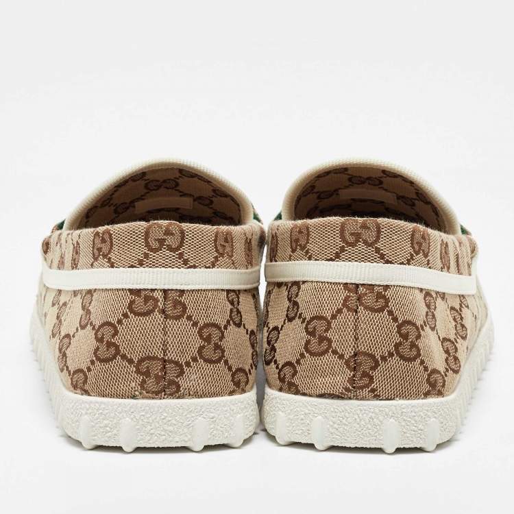 Pre Owned Gucci Beige GG Canvas Horsebit Web Driver Loafers Size 43