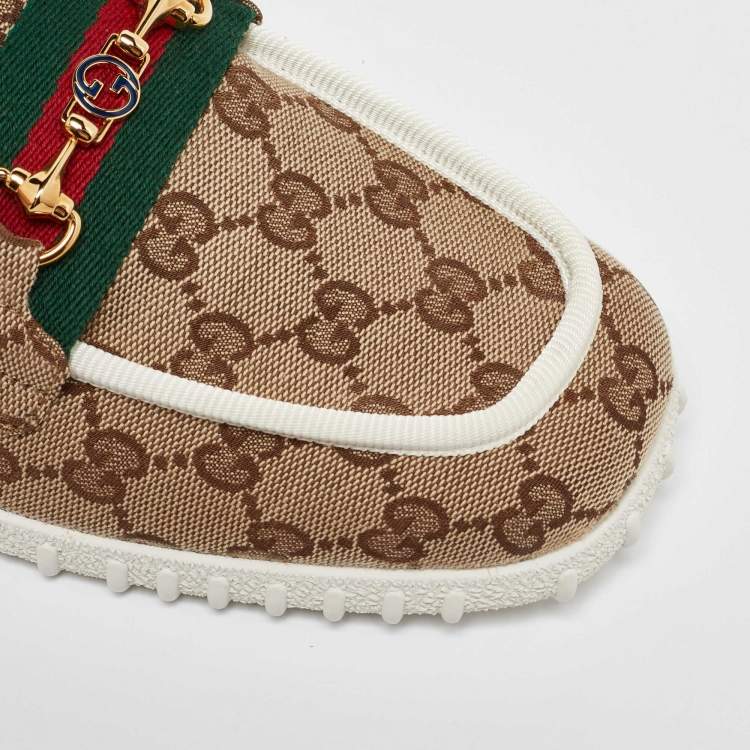 Pre Owned Gucci Beige GG Canvas Horsebit Web Driver Loafers Size 43