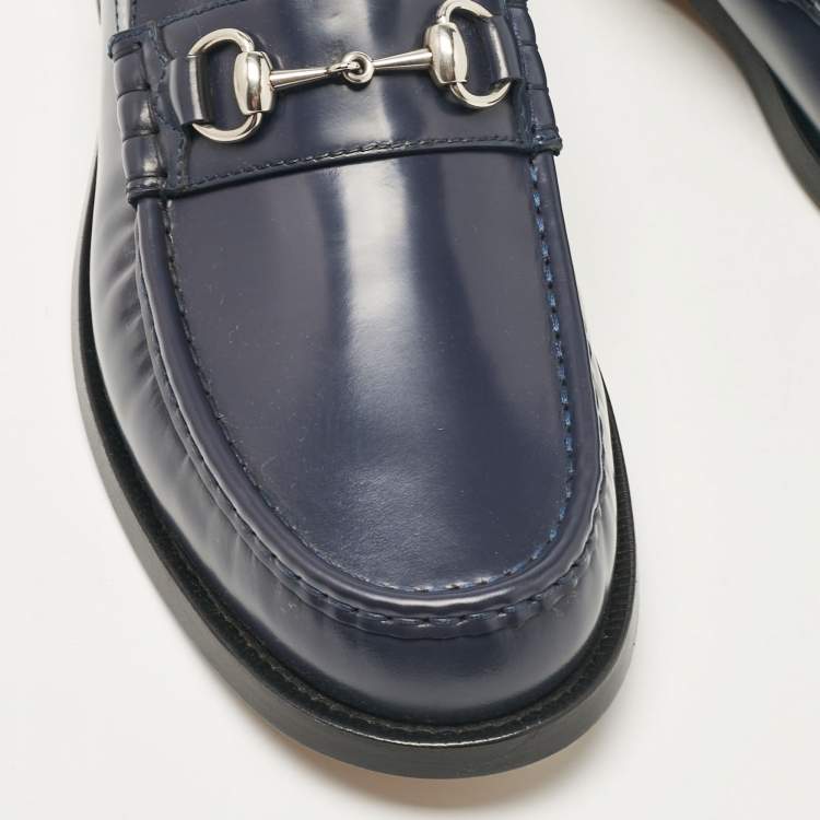 Pre Owned Gucci Dark Blue Leather Horsebit Loafers Size 48