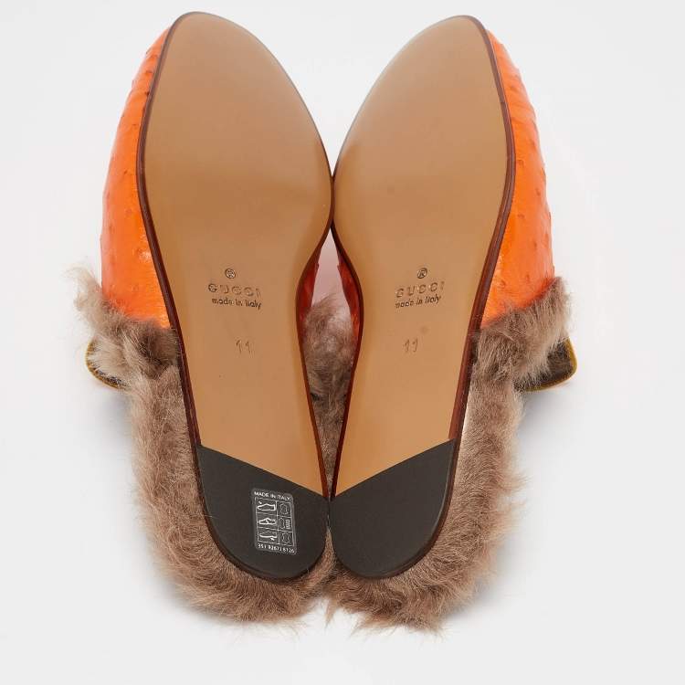 Pre Owned Gucci Orange/Yellow Ostrich and Fur Lined Princetown Flat Mules Size 45
