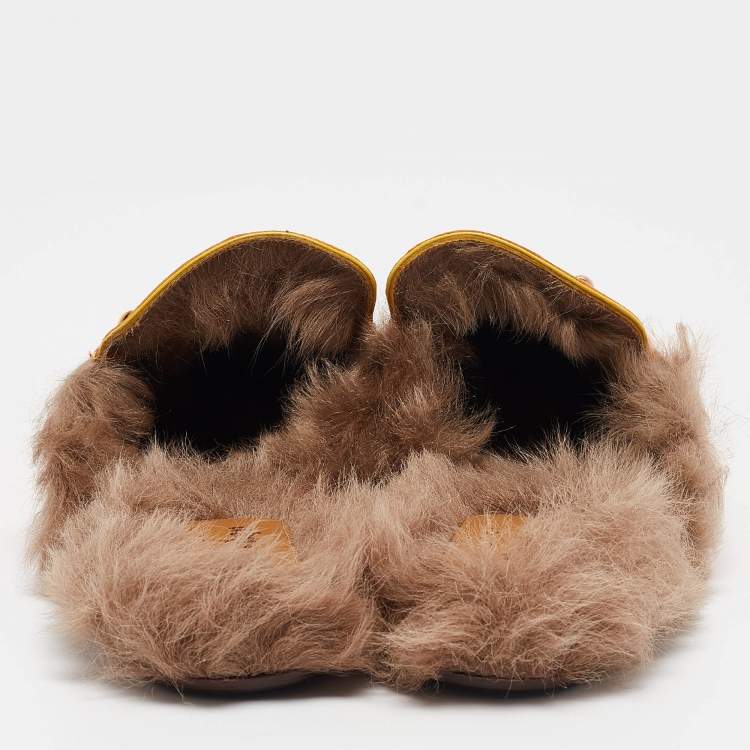 Pre Owned Gucci Orange/Yellow Ostrich and Fur Lined Princetown Flat Mules Size 45