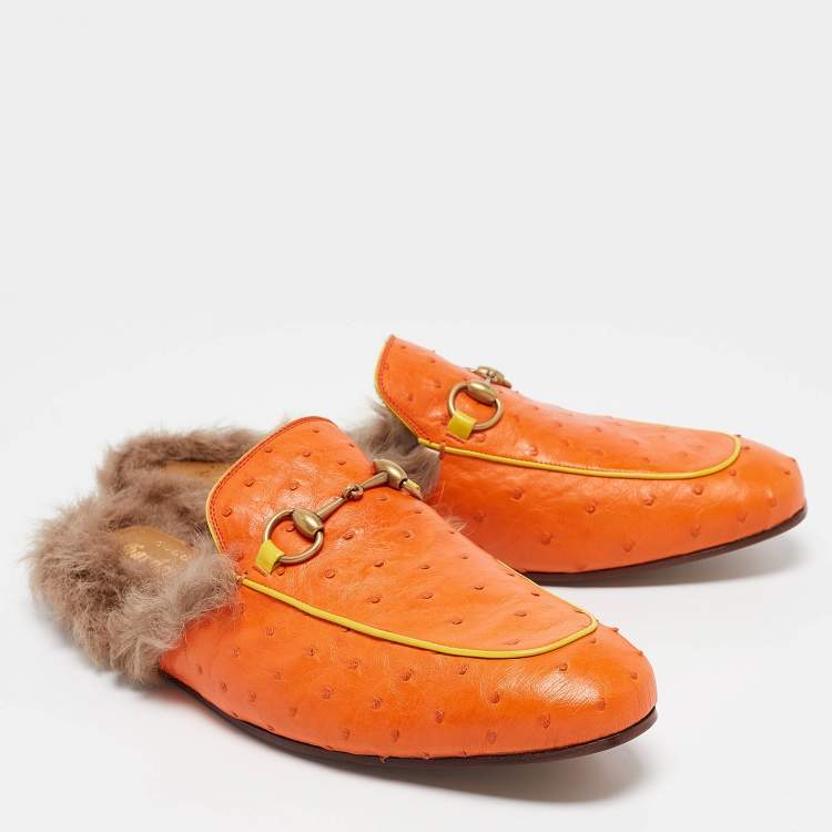 Pre Owned Gucci Orange/Yellow Ostrich and Fur Lined Princetown Flat Mules Size 45