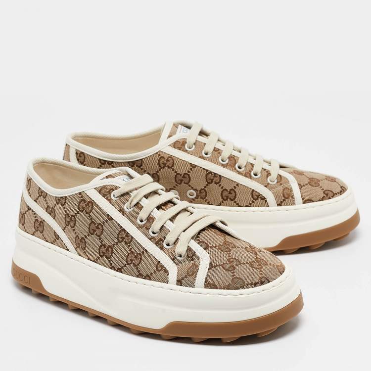 Pre Owned Gucci Beige GG Canvas Lace Up Sneakers Size 42.5