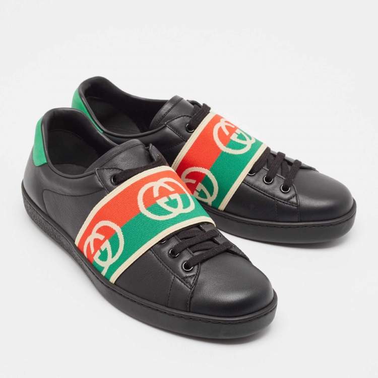 Pre Owned Gucci Black Leather Ace Web Low Top Sneakers Size 42