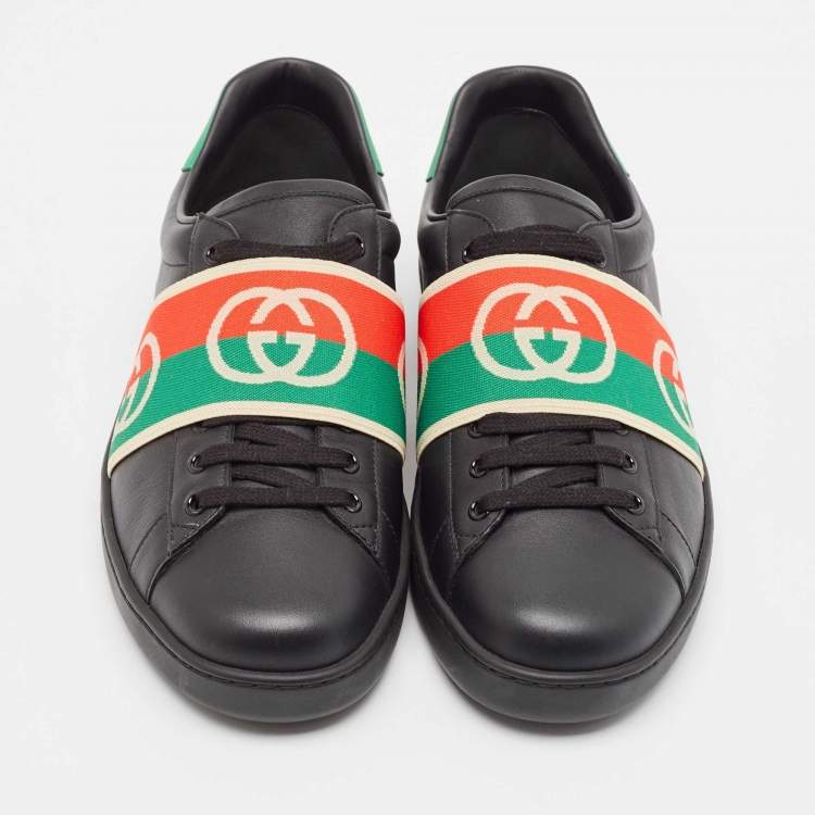 Pre Owned Gucci Black Leather Ace Web Low Top Sneakers Size 42