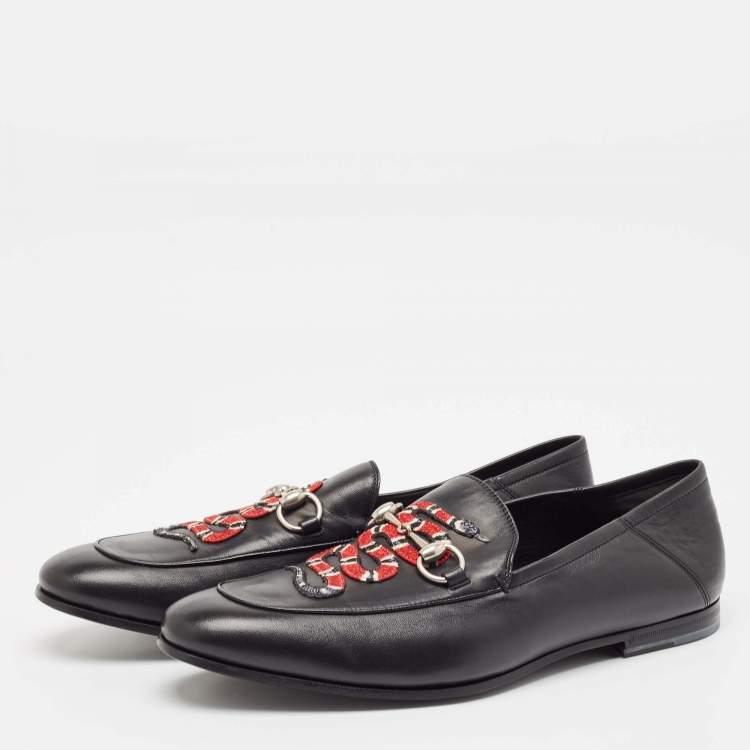 Pre Owned Gucci Black Leather Kingnake Applique Brixton Loafers Size 44.5