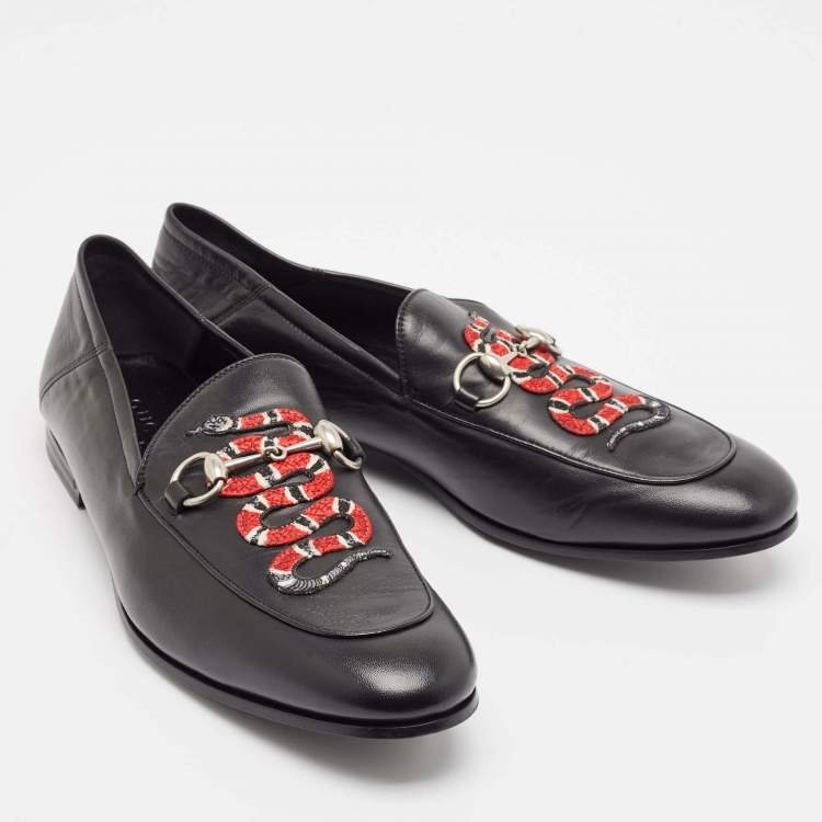 Pre Owned Gucci Black Leather Kingnake Applique Brixton Loafers Size 44.5