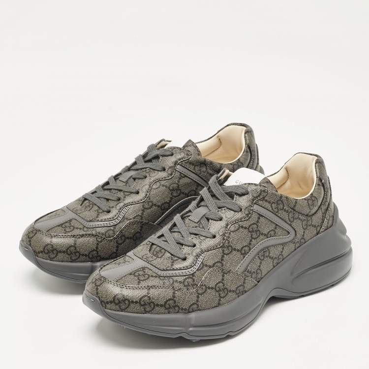 Pre Owned Gucci Grey Canvas and Leather Rhyton Low Top Sneakers Size 41.5