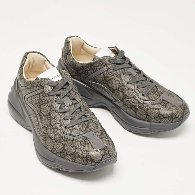 Pre Owned Gucci Grey Canvas and Leather Rhyton Low Top Sneakers Size 41.5