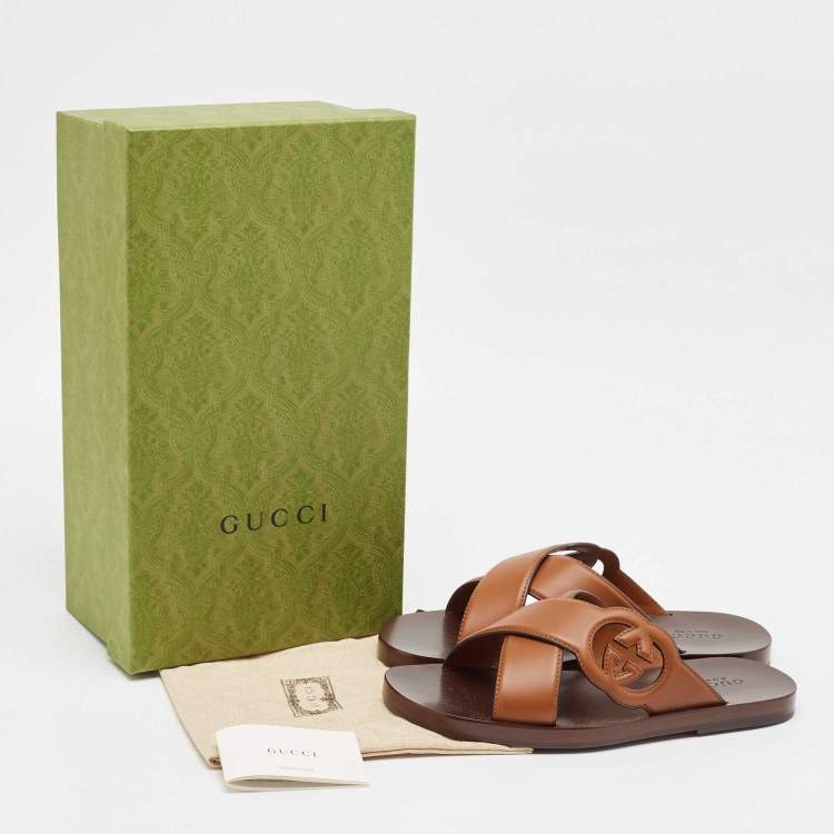 مملوكة مسبقًا Gucci Brown Leather Interlocking G Logo Slides Size 42