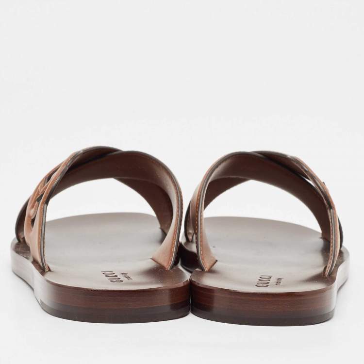 مملوكة مسبقًا Gucci Brown Leather Interlocking G Logo Slides Size 42
