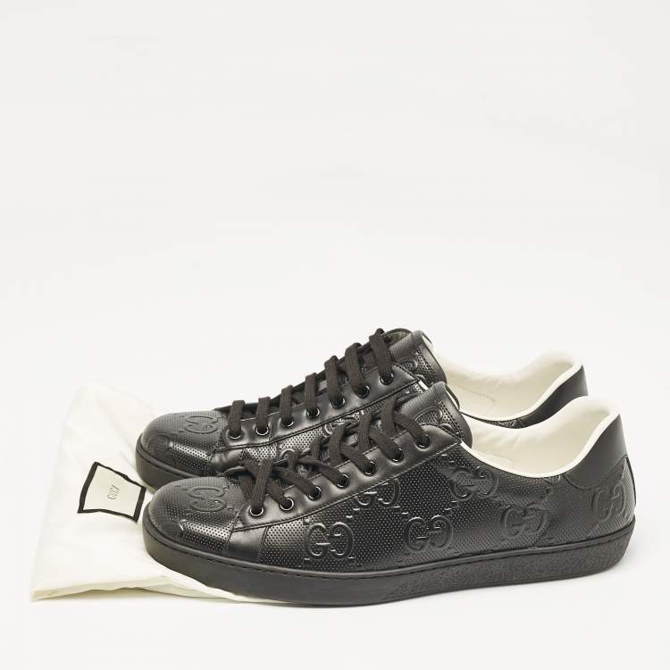 Pre Owned Gucci Black Leather GG Ace Low Top Sneakers Size 45.5