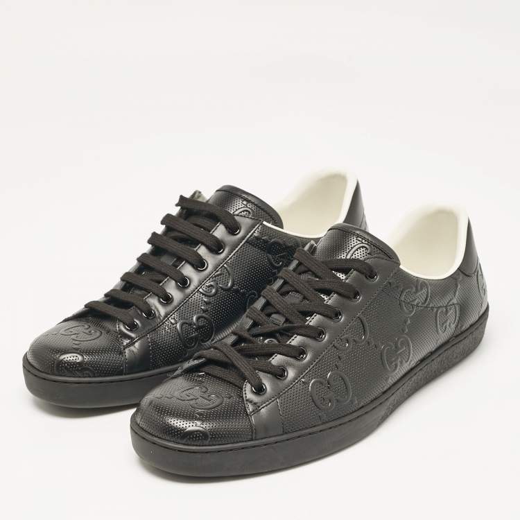 Pre Owned Gucci Black Leather GG Ace Low Top Sneakers Size 45.5