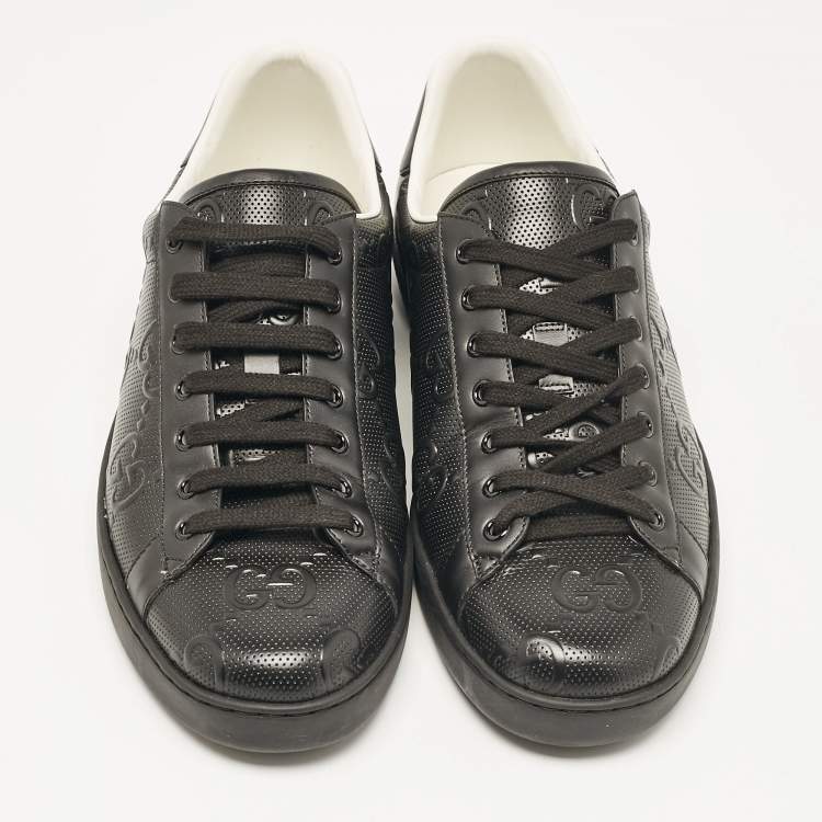 Pre Owned Gucci Black Leather GG Ace Low Top Sneakers Size 45.5