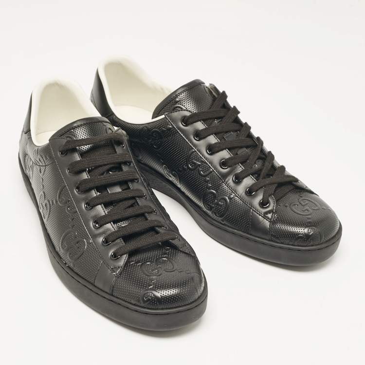 Pre Owned Gucci Black Leather GG Ace Low Top Sneakers Size 45.5