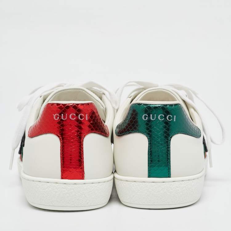 Pre Owned Gucci White Leather and Snakeskin Embossed Leather Ace Lace Up Sneakers Size 44