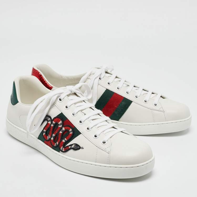 Pre Owned Gucci White Leather and Snakeskin Embossed Leather Ace Lace Up Sneakers Size 44