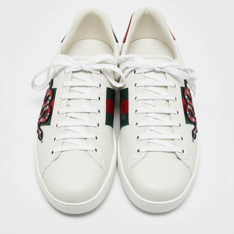 Pre Owned Gucci White Leather and Snakeskin Embossed Leather Ace Lace Up Sneakers Size 44