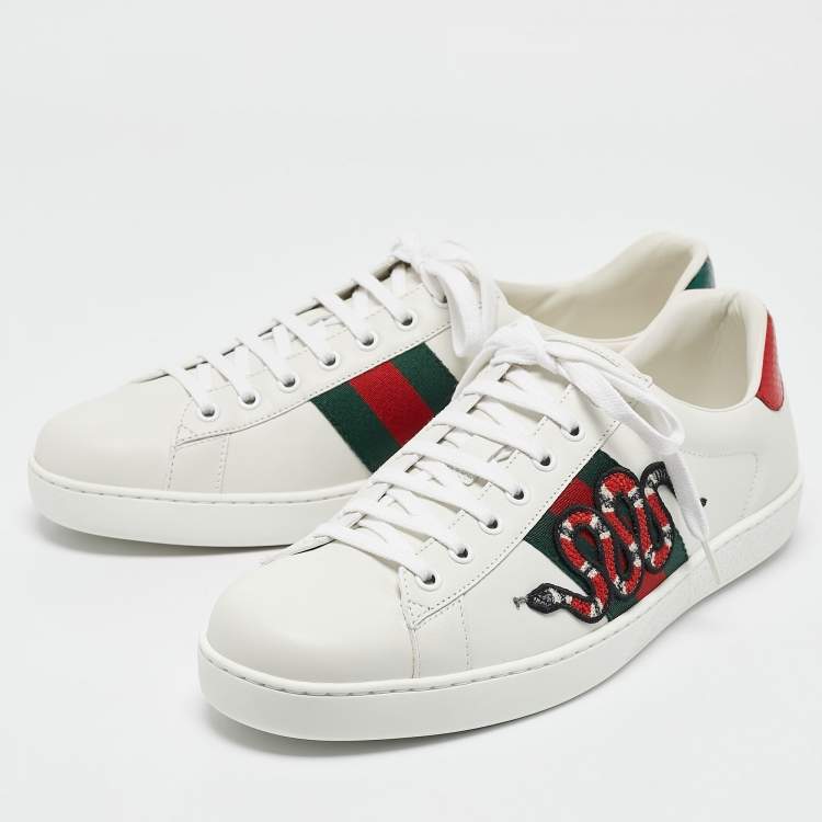 Pre Owned Gucci White Leather and Snakeskin Embossed Leather Ace Lace Up Sneakers Size 44