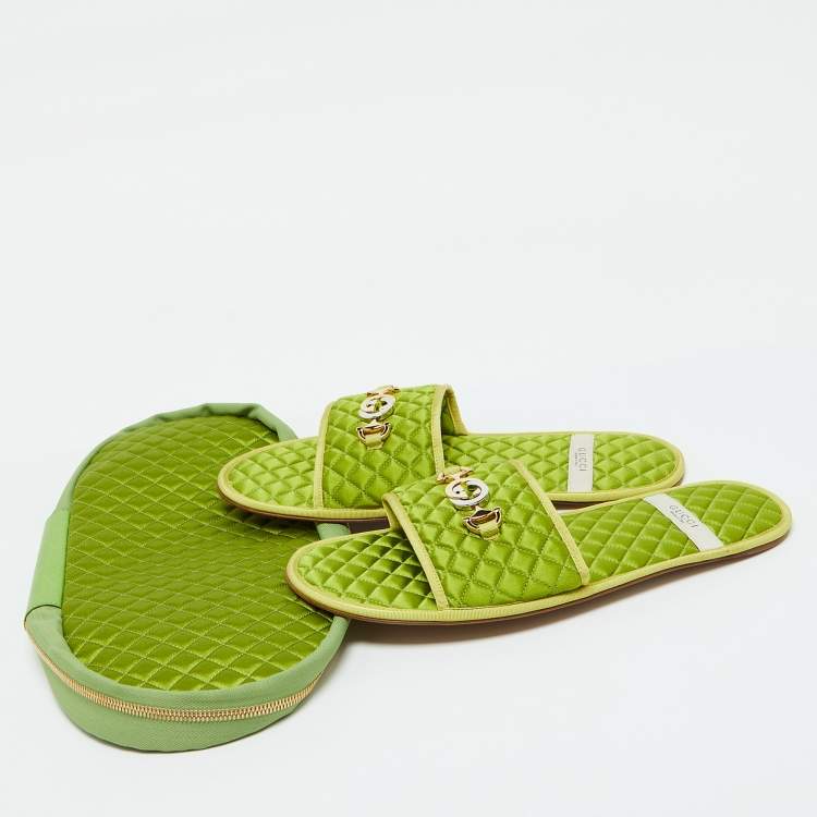Pre Owned Gucci Green Quilted Satin Interlocking G Logo Flat Slides Size 44