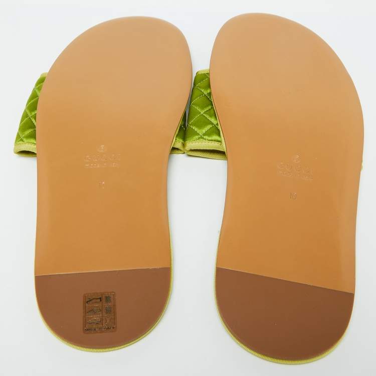 Pre Owned Gucci Green Quilted Satin Interlocking G Logo Flat Slides Size 44
