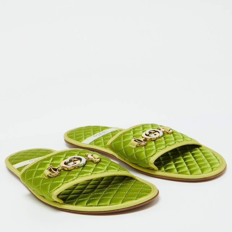 Pre Owned Gucci Green Quilted Satin Interlocking G Logo Flat Slides Size 44