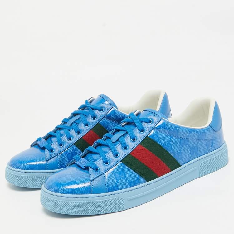 Pre Owned Gucci Blue GG Canvas and Leather Ace Lace Up Sneakers Size 42