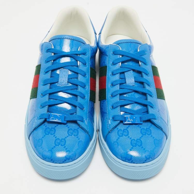 Pre Owned Gucci Blue GG Canvas and Leather Ace Lace Up Sneakers Size 42